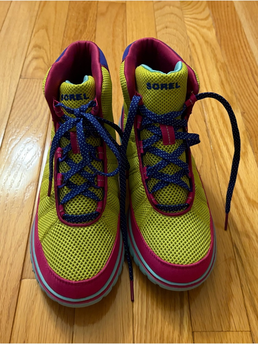 Sorel women Neon Yellow & Hot Pink Mesh Lace-Up Sneakers with purple Accents